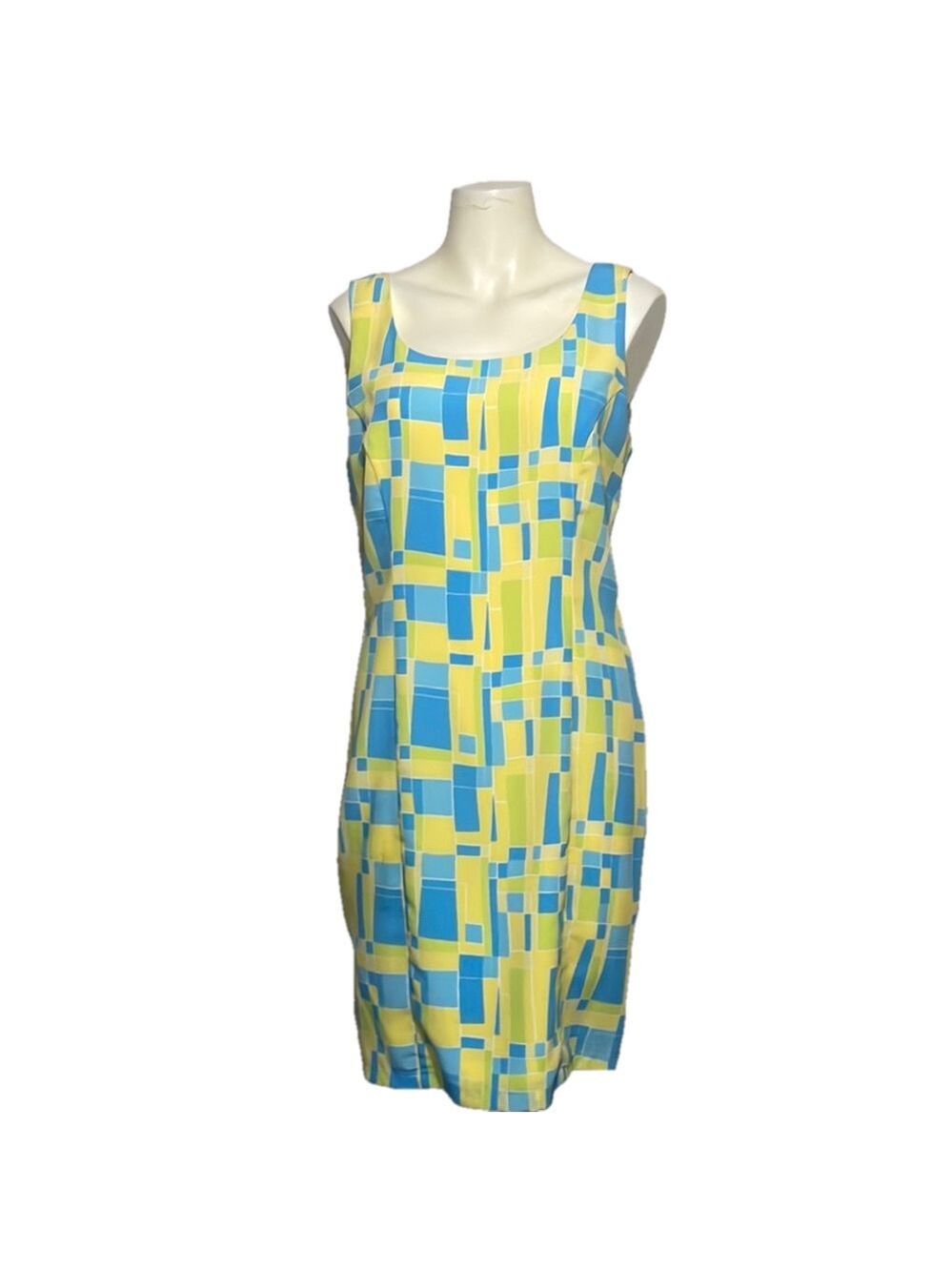 Taiga Paris Geometric Yellow and Blue Sleeveless Dress Sz 10
